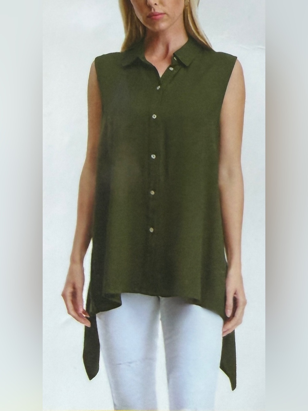 FEVER Sleeveless Olive Button-Front High-Low Tunic, Small